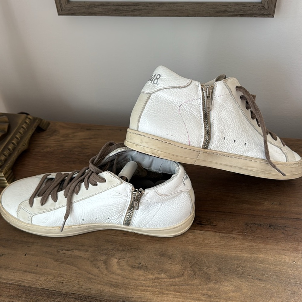 P448 Mid Top side zipper White Perforated High-Top Sneakers with Brown Laces - Picture 10 of 12